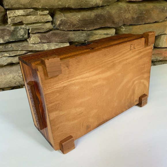 VTG Canoe Cedar Box Hand Carved Wood Decoupage Trinkets Cabin Rustic - Picture 12 of 15